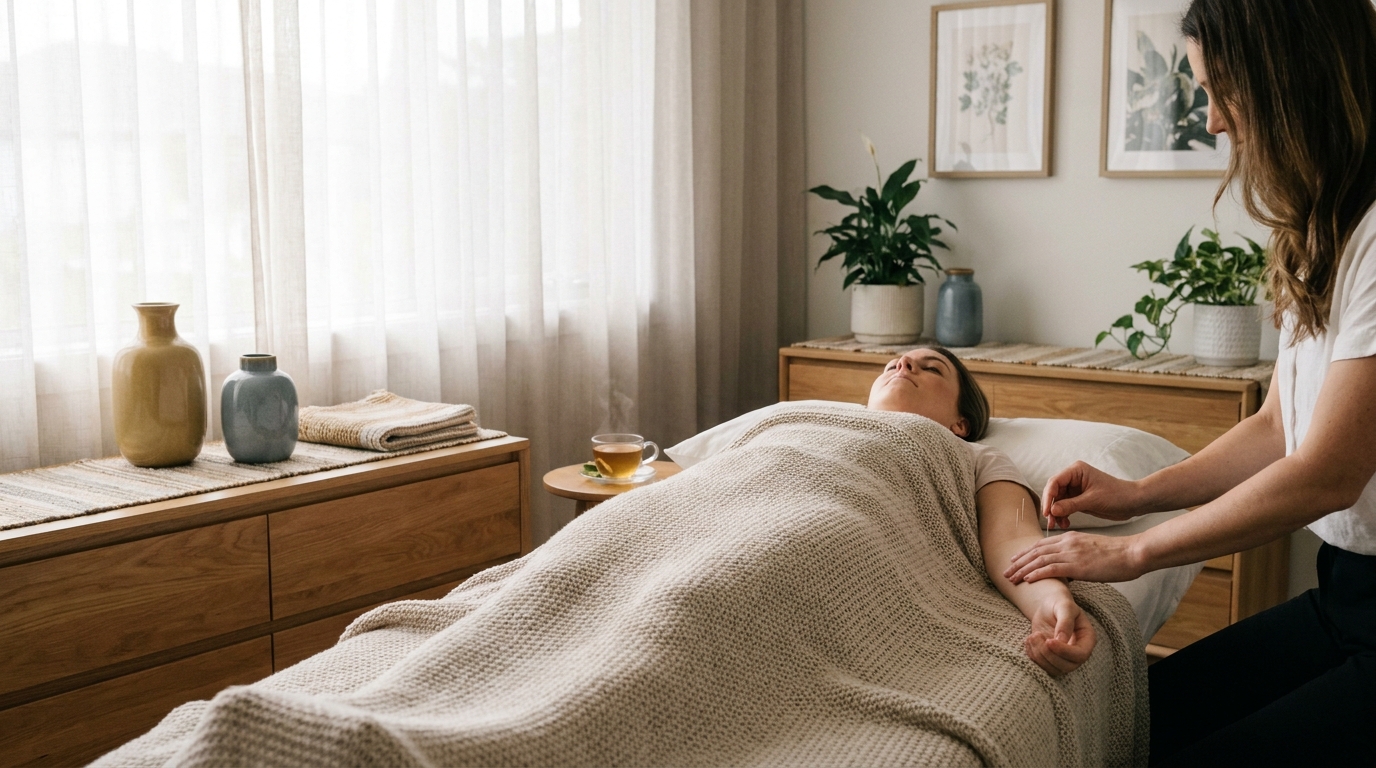 Acupuncture practitioner gently treating a patient in a serene clinic setting for endometriosis and fertility support