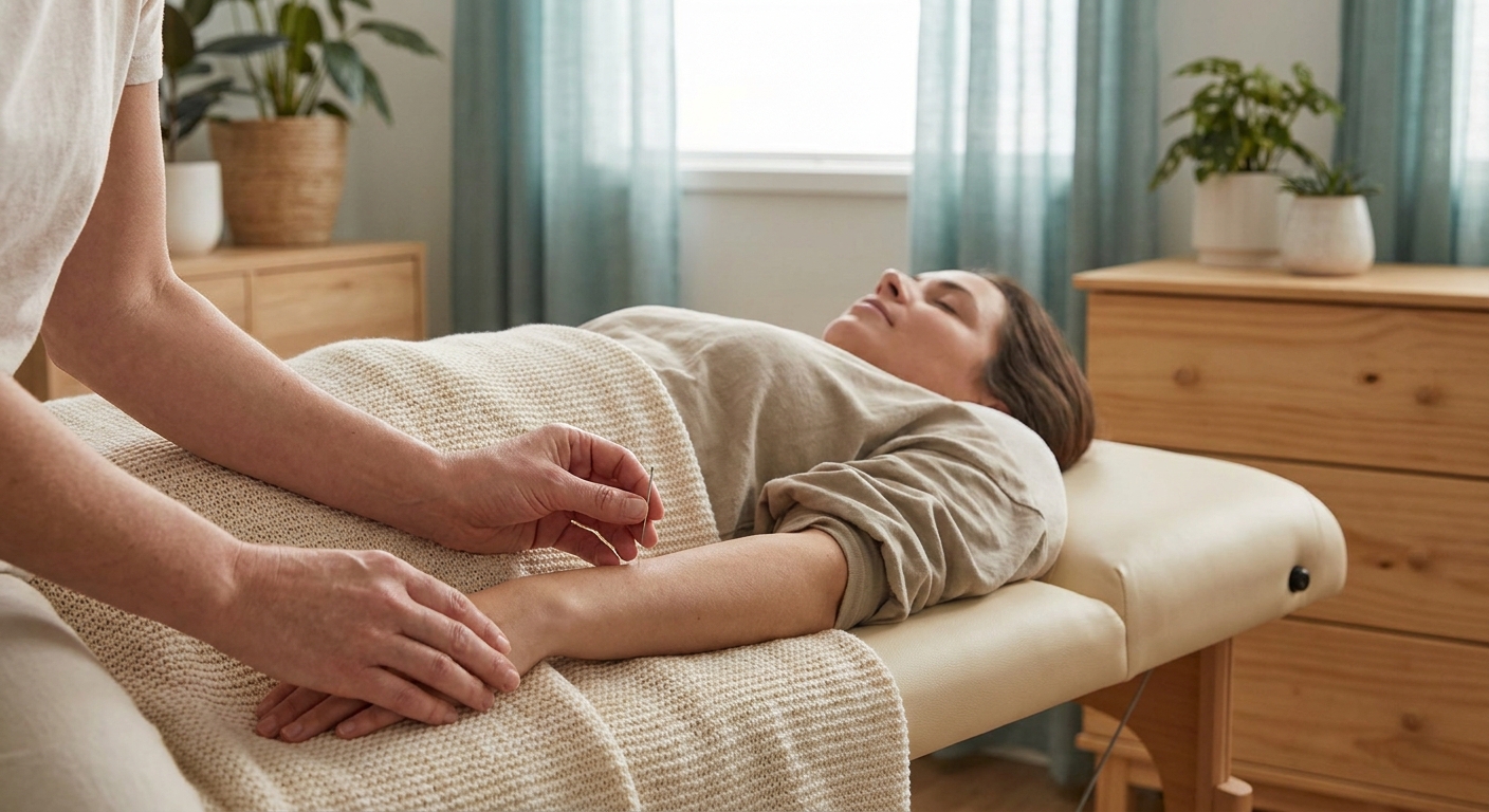 Practitioner administering fertility acupuncture treatment to a patient resting comfortably in a serene clinic room