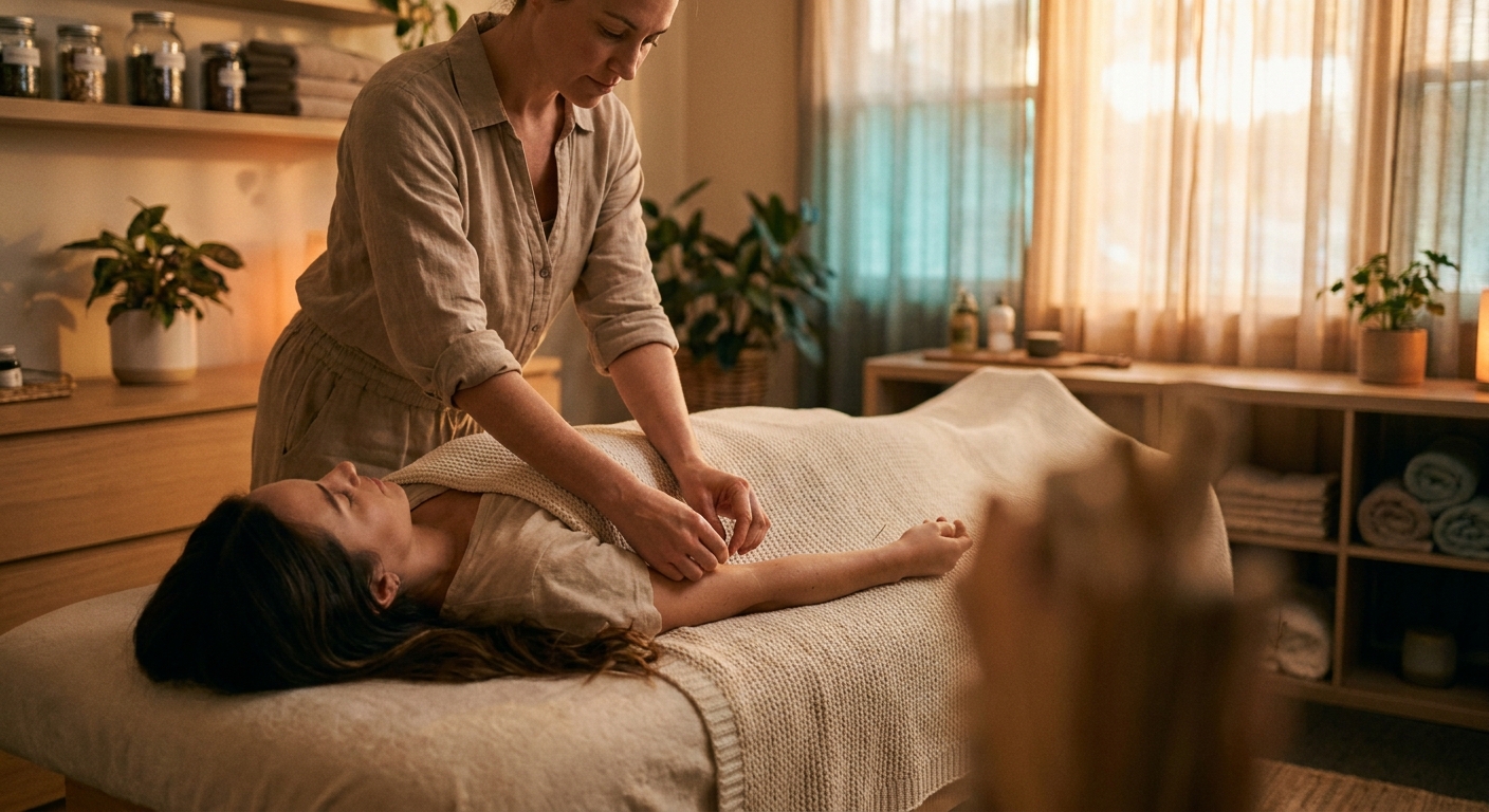 Acupuncturist providing gentle fertility acupuncture treatment in a serene clinic setting