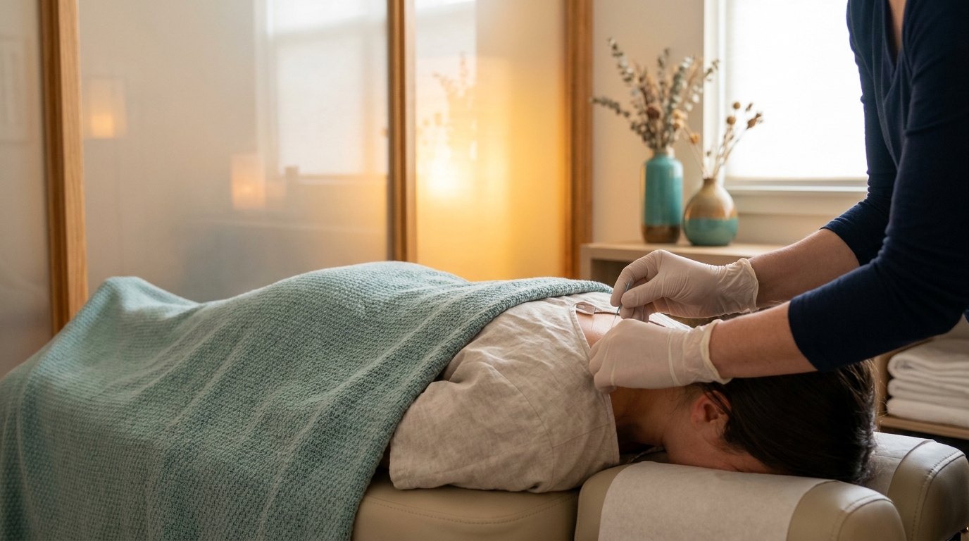 Licensed acupuncturist treating frozen shoulder and adhesive capsulitis with gentle needle placement to restore mobility and reduce joint inflammation